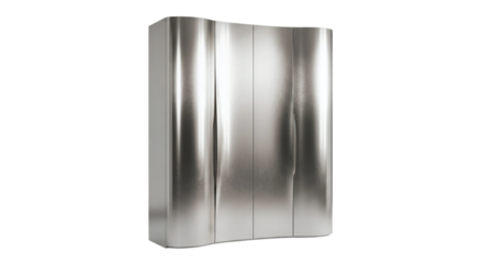 A sleek, modern armoire design with smooth contours, shimmering in shades of silver and platinum, sounds like an epic creation on transparent background