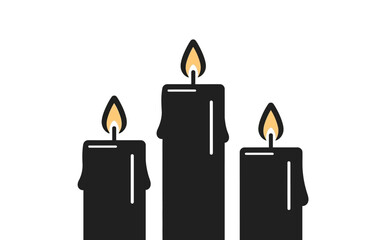 Three tall black candles with flickering flames stand against a white background, symbolizing remembrance.