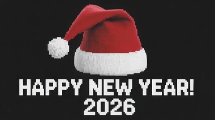 A red Santa hat sits above "HAPPY NEW YEAR! 2026" text on a black background, celebrating the upcoming year.