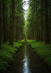 Obraz premium Serene woodland scene featuring a narrow, clear stream flowing gently through an old-growth forest surrounded by towering dense green trees ,green, woodland, trees