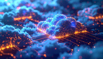 Digital Cloudscape: A breathtaking digital art piece showcases a network of luminous clouds, interconnected by radiant lines. The piece represents the vast expanse of digital data.