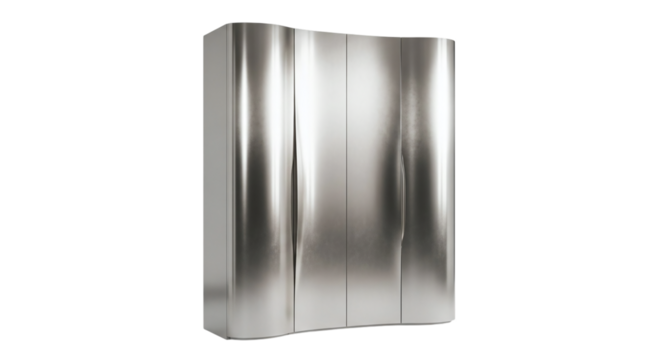 A sleek, modern armoire design with smooth contours, shimmering in shades of silver and platinum, sounds like an epic creation on transparent background