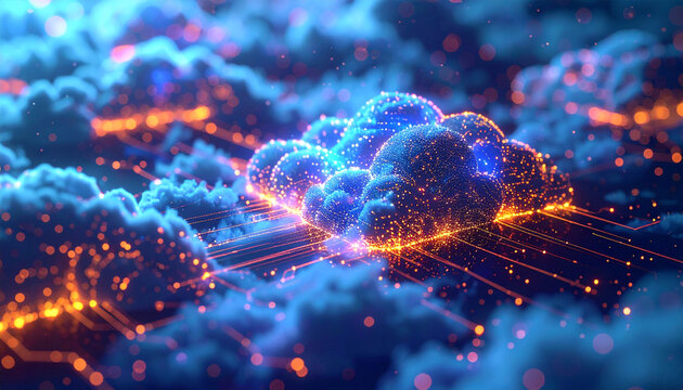 Digital Cloudscape: A breathtaking digital art piece showcases a network of luminous clouds, interconnected by radiant lines. The piece represents the vast expanse of digital data.