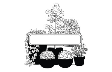 A decorative illustration featuring potted plants and a blank sign, suitable for garden signage or labels.