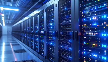 Digital Hub: Showcasing a vast array of servers within a cutting-edge data center, where technological innovation and data processing converge.