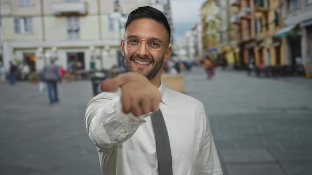 Young hispanic man wearing glasses smiling on a busy urban street, extending hand outdoors in a lively cityscape with people in the background, showcasing an inviting gesture.