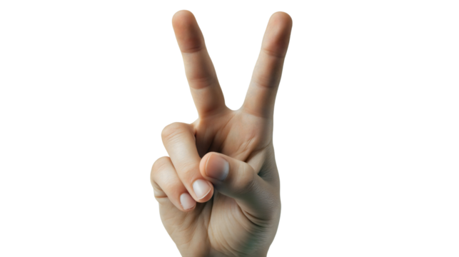 A hand gesture showing the number two or a peace sign, a person's fingers raised in a V shape, a symbol of victory, success and agreement.