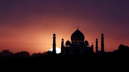 Silhouette of an elaborate domed building with tall towers against a fiery sunset sky with dark foliage at the base - Powered by Adobe