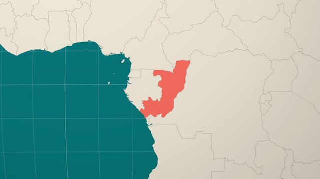 Republic of the Congo map. Animated zoom into the country on the Globe in Teal Pale Mint color palette. Country logo animation. Map with meridians, parallels. Beautiful video.