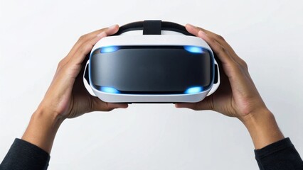 Futuristic action of hands holding a virtual reality headset modern environment front view immersive experience