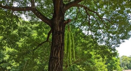 Naklejka premium Lush Green Tree with Hanging Pods, Sunlight Through Leaves, Nature's Beauty