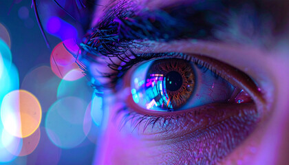 A Glimpse into the Soul: Captivating image of the human eye, bathed in a captivating display of colorful light bokeh, inviting viewers to delve into the depths of perception and inner beauty.