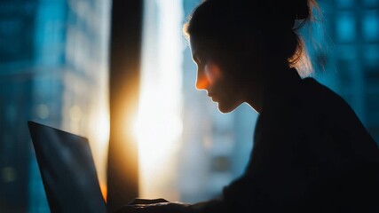 A professional woman is intently using her laptop in a high rise office as the sun rises, casting a warm glow. The scene highlights dedication, technology, and urban business lifestyle
