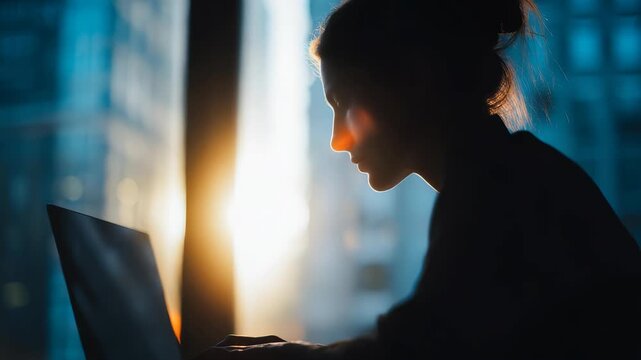A professional woman is intently using her laptop in a high rise office as the sun rises, casting a warm glow. The scene highlights dedication, technology, and urban business lifestyle