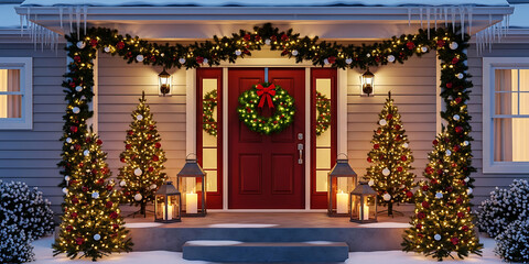 Fototapeta premium Festive Home Exterior Decorated for Holiday Season with Wreath Garlands and Illuminated Trees Enhancing Curb Appeal