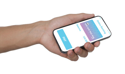 Online payment. Man holding mobile phone with open app in hand on white background, closeup