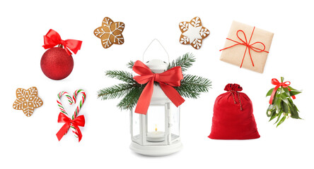 Christmas candy canes, cookies, kissing bough, gift box and festive decor isolated on white, set