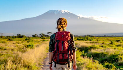 Frau wandert alleine in Afrika, Kilimandscharo im Hintergrund 