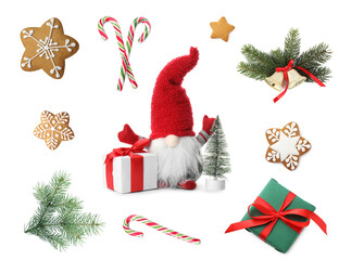 Christmas candy canes, cookies, gift box and festive decor isolated on white, set