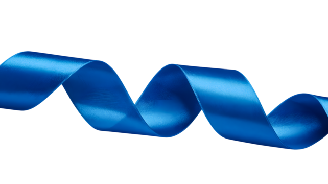 A vibrant blue satin ribbon gracefully curves and twists in a flowing wave pattern isolated on transparent background