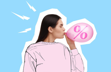 Woman blowing balloon with percent sign on light blue background. Discount