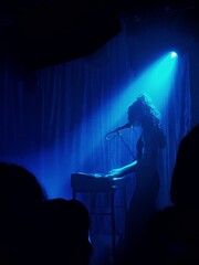 Singer performing under blue stage light