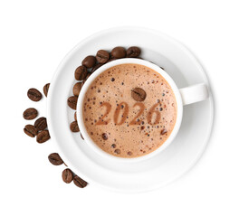 Hello New 2026 Year. Cup of coffee with numbers and roasted beans on white background, top view