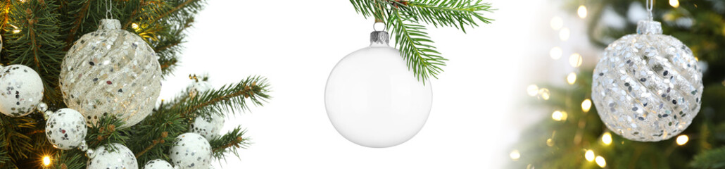 Christmas balls and fir tree branches on white background. Banner design