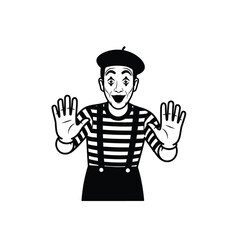 Obraz premium Monochrome vector illustration of a mime artist with hands up wearing a striped shirt and beret isolated on white background