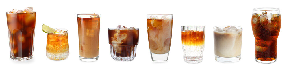 Iced coffee. Different drinks on white background, set