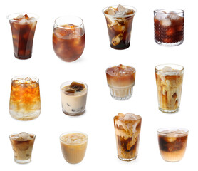 Iced coffee. Different drinks on white background, set