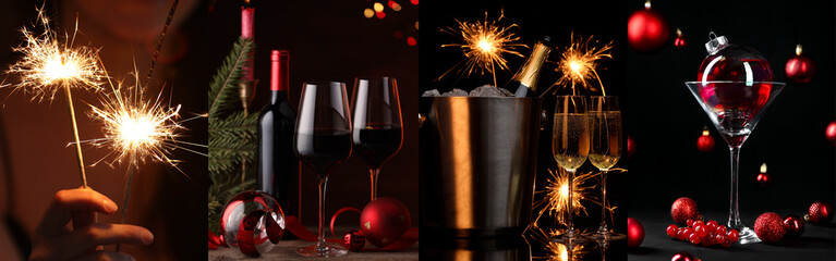 Christmas and New Year celebration. Collage of sparklers and drinks. Banner design