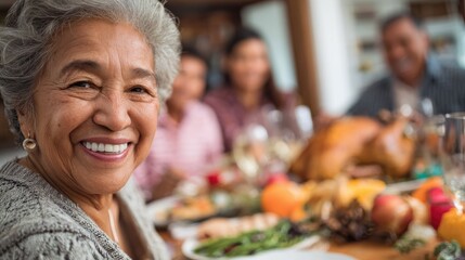 Happy latin family having fun eating together home - Focus on grandmother face, no logos, no brands