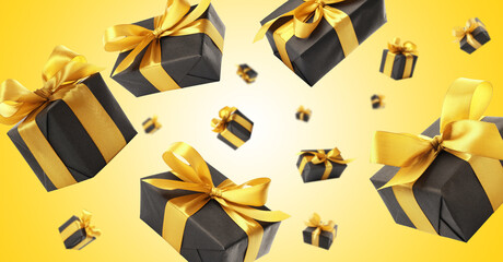 Gift boxes flying in air on yellow gradient background