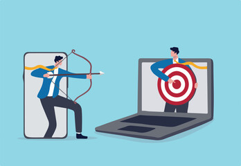 Remarketing or behavioral retargeting in digital advertising, online ads that will follow target audience across all using devices, businessman from mobile app aiming target and other computer laptop.