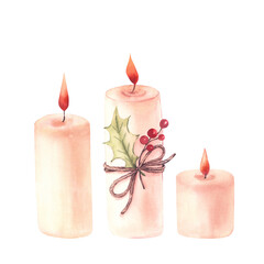 Christmas candles set. Hand-painted watercolor illustration. Isolated elements on a white background. For seasonal design, invitational and greeting cards, posters, prints.