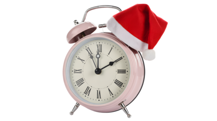 Festive pink alarm clock wearing a santa hat symbolizing christmas time and the approaching holiday season isolated on transparent background
