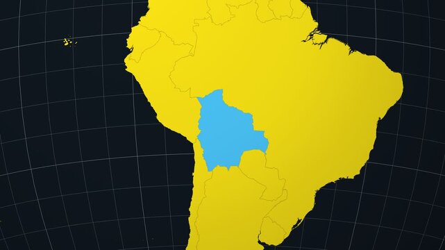 Bolivia map. Animated zoom into the country on the Globe in Charcoal Bright Yellow color palette. Country logo animation. Map with meridians, parallels. Artistic video.