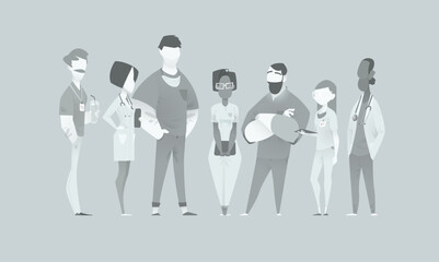 Vector illustration of seven medical professionals standing in a row — doctors, nurses, and healthcare staff in neutral tones, faceless characters for team or hospital design concepts.