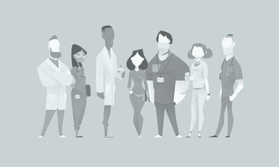 Vector illustration of seven medical professionals standing in a row — doctors, nurses, and healthcare staff in neutral tones, faceless characters for team or hospital design concepts.