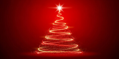 Glowing Holiday Tree on Red Background Festive Abstract Spirals Design Sparkly Star Winter Celebration Decorative Illustration Art