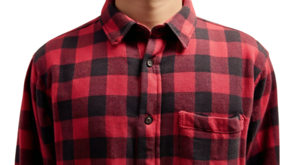 PNG of A young man wearing a stylish red and black checkered flannel shirt, showcasing a casual and cozy look.