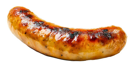 A single cooked sausage isolated on a white background, a delicious and juicy grilled bratwurst, a savory pork or beef product from a barbecue, a concept of a simple and tasty fast food meal.
