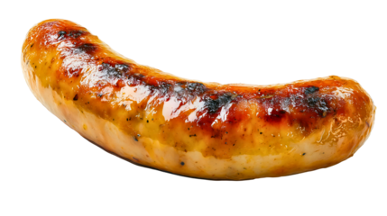 A single cooked sausage isolated on a white background, a delicious and juicy grilled bratwurst, a savory pork or beef product from a barbecue, a concept of a simple and tasty fast food meal.