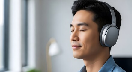 Peaceful businessman listening to guided meditation with headphones for stress relief.
