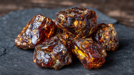 Collection of natural amber fragments on a deep charcoal surface, light reflections emphasizing warm orange gradients and internal textures