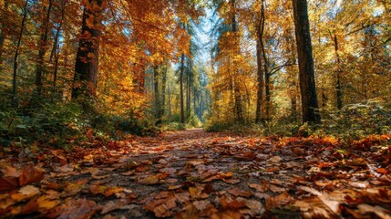 Obraz premium Path covered with leaves in autumn forest., no logos, no brands