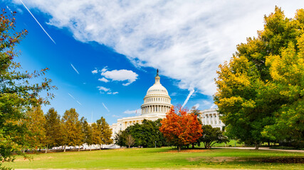 Scenic view of Capitol building during peak fall colors