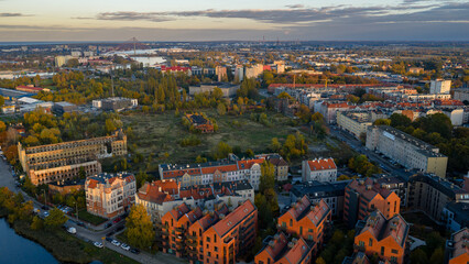 Aerial late afternoon view of Gdansk Old Town and Motlawa River