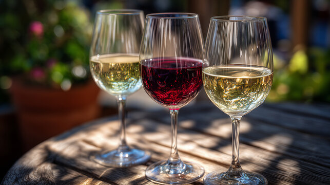 Trio of wine glasses arranged on a rustic wooden table outdoors, each holding a different hue of wine, golden daylight reflections enhancing the vibrant colors